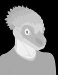  absurd_res ambiguous_gender anthro clothing dinosaur dromaeosaurid feather_hair feathers hi_res magnus_spiral mask monochrome portrait pseudo_hair reptile scalie shirt simple_background simple_shading solo theropod topwear 