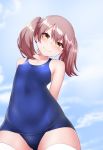  1girl arms_behind_back blue_sky blue_swimsuit brown_eyes brown_hair cloud commentary_request cowboy_shot from_below kantai_collection kirigakure_(kirigakure_tantei_jimusho) long_hair looking_at_viewer old_school_swimsuit ryuujou_(kantai_collection) school_swimsuit sky solo standing swimsuit thighhighs twintails white_legwear 