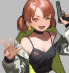  1girl breasts brown_eyes camisole choker cleavage earrings grey_background gun handgun highres holding holding_weapon jacket jewelry looking_at_viewer one_eye_closed open_clothes open_jacket open_mouth original pistol red_hair revision sara_manta short_hair simple_background small_breasts smile solo spaghetti_strap teeth tokarev_tt-33 twintails upper_body v weapon weapon_request 