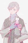  1boy blue_eyes blue_gloves bow brooch buttons coat gloves grey_hair hand_in_pocket hand_on_own_chest jewelry nishihara_isao original short_hair solo turtleneck 
