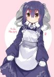  1girl apron bangs blue_dress blue_hair blush brown_eyes closed_mouth collared_dress daifukumochi_(akaaokiiwo) dress dutch_angle eyebrows_visible_through_hair gen_8_pokemon gloves grey_hair hair_between_eyes hair_ornament hairclip indeedee indeedee_(female) long_hair long_sleeves looking_at_viewer multicolored_hair personification pink_background pokemon pokemon_number puffy_long_sleeves puffy_sleeves ringlets sidelocks skirt_hold sleeves_past_wrists smile solo twintails two-tone_background two-tone_hair venus_symbol white_apron white_background white_gloves 