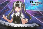  1girl :d bang_dream! bangs belt black_belt black_dress black_hair blunt_bangs blurry blurry_background blush commentary dress eyebrows_visible_through_hair group_name hair_bobbles hair_ornament highres instrument keyboard_(instrument) long_hair looking_down microphone microphone_stand multicolored_hair music open_mouth pareo_(bang_dream!) playing_instrument purple_background red_eyes seojinhui shirt short_sleeves sidelocks smile solo stage stage_lights standing twintails two-tone_hair upper_body white_hair white_shirt 