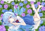  1girl bangs barefoot blue_dress blue_eyes blue_hair bow bowtie cirno commentary day dress eyebrows_visible_through_hair feet flower glint hair_ribbon head_on_arm hydrangea in_water leg_lift looking_at_viewer lying nibosi on_back on_stomach outdoors overcast pinafore_dress puddle puffy_short_sleeves puffy_sleeves rain red_neckwear reflection ribbon ripples shirt short_hair short_sleeves soles solo the_pose touhou water_drop white_shirt wings 