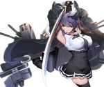  1girl absurdres arms_up bangs black_gloves black_jacket black_legwear black_skirt breast_pocket breasts checkered checkered_neckwear eyepatch gegeron gloves high-waist_skirt highres holding holding_sword holding_weapon jacket kantai_collection large_breasts lips long_sleeves necktie pocket purple_hair rigging shirt simple_background skindentation skirt sleeveless sleeveless_shirt solo sword tenryuu_(kantai_collection) thighhighs weapon white_background white_shirt yellow_eyes 