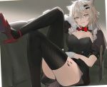  1girl animal_ears arknights bangs black_legwear bow bowtie breasts cleavage commentary couch eyebrows_visible_through_hair feet_out_of_frame gloves grey_background grey_eyes grin hair_between_eyes hair_ornament hairclip high_heels highres knees_up koio lappland_(arknights) long_hair looking_at_viewer medium_breasts ore_lesion_(arknights) parted_lips puffy_short_sleeves puffy_sleeves red_bow red_footwear red_neckwear scar scar_across_eye short_sleeves silver_hair smile solo thighhighs thighs white_gloves wolf_ears 