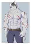  anthro braided_hair canid canine canis clothing gaouu hair hi_res male male/male mammal military_uniform muscular pongotora scar solo uniform wolf 
