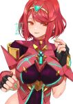  1girl bangs breasts chest_jewel earrings fingerless_gloves gem gloves green_nails highres homura_(xenoblade_2) jewelry large_breasts orange_eyes red_hair short_hair signature solo sou_(pale_1080) swept_bangs tiara upper_body xenoblade_(series) xenoblade_2 