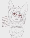  anthro english_text eyewear female glasses hair hi_res inner_ear_fluff jomasfaceisugly juna_(jomasfaceisugly) lipstick long_hair makeup monochrome simple_background solo straitjacket text traditional_media_(artwork) tuft unknown_species 