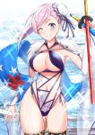  1girl absurdres asymmetrical_hair bangs blue_eyes blue_swimsuit blush breasts bun_cover cleavage closed_mouth fate/grand_order fate_(series) fur_collar hair_bun highleg highleg_swimsuit highres katana large_breasts long_hair looking_at_viewer miyamoto_musashi_(fate/grand_order) miyamoto_musashi_(swimsuit_berserker)_(fate) navel one-piece_swimsuit one_eye_closed pink_hair sash side_bun smile sparkle swept_bangs swimsuit sword thighhighs thighs toy_sword weapon xobox 