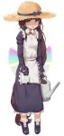  1girl absurdres apron bangs blue_eyes brown_hair daphne_(last_origin) dress flat_chest greentree hat highres last_origin long_hair looking_at_viewer maid open_mouth shaded_face simple_background solo straw_hat watering_can white_background younger 