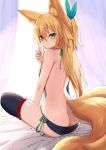  1girl animal_ear_fluff animal_ears ass bare_back black_legwear black_panties blonde_hair breasts butt_crack fox_ears fox_tail from_behind green_eyes hand_to_own_mouth knees_up long_hair looking_back multiple_tails original panties ponytail ribbon side-tie_panties sitting small_breasts solo tail thighhighs underwear yoshizawa_tsubaki 