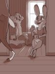  2020 3:4 anthro bed bottomless buckteeth canid canine casual_nudity cheek_tuft clothed clothing crotch_tuft disney facial_tuft female fox fur furniture genitals gesture group holding_cup holding_object judy_hopps lagomorph leporid light lighting looking_at_another male mammal nick_wilde open_mouth open_smile pubes pussy rabbit red_fox sitting smile teeth tggeko topless tuft waving window zootopia 