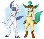  2020 absol anthro black_nose blue_claws blue_eyes brown_body brown_fur brown_hair brown_inner_ear brown_nose canid canine claws duo eeveelution female fingers fur gem hair leafeon mammal multicolored_body multicolored_fur nintendo nude pok&eacute;mon pok&eacute;mon_(species) red_eyes simple_background smile standing tan_body tan_fur toes tomek1000 tuft video_games white_background white_body white_fur white_hair 