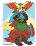  after_transformation anthro blush breasts clothing colored crossgender delphox female fluffy fluffy_ears fluffy_tail fur hand_on_breast happy hat headgear headwear hi_res hyrule_warriors link nintendo pok&eacute;mon pok&eacute;mon_(species) princessnapped scarf smile solo the_legend_of_zelda torn_clothing video_games 