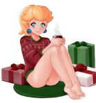  1girl barefoot blonde_hair blue_eyes blush_stickers bottomless box christmas christmas_sweater crossed_ankles cup feet full_body gift gift_box lips long_hair looking_at_viewer mario_(series) mug naked_sweater no_panties pink_lips ponytail princess_peach print_sweater pussy pussy_peek red_sweater solo squeezable_(artist) super_mario_bros. sweater toes uncensored 