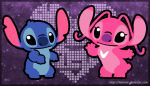  &lt;3 2012 4_fingers alien angel_(lilo_and_stitch) antennae_(anatomy) black_eyes blue_body blue_fur blue_nose chest_markings disney duo experiment_(lilo_and_stitch) female fingers fishlover fur lilo_and_stitch looking_at_viewer male markings notched_ear outline pink_body pink_fur pink_inner_ear purple_nose signature smile standing stitch_(lilo_and_stitch) text url white_markings 
