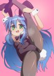  1girl absurdres ahoge animal_ears black_legwear black_leotard black_neckwear blue_hair blush bow bowtie breasts bunny_ears bunny_girl bunnysuit cameltoe eyebrows_visible_through_hair fake_animal_ears green_eyes highres izumi_konata leg_up leotard long_hair looking_at_viewer lucky_star namida_boshi open_mouth pantyhose pink_background shiny shiny_clothes shiny_hair shiny_skin simple_background small_breasts solo split standing standing_on_one_leg standing_split sweat 