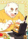  2020 anthro birthday black_nose blush clothing cooking detailed_background food fur kemono krnzmin kuronezumiinu male mammal overweight overweight_male sandwich_(food) shirt solo tongue tongue_out topwear ursid white_body white_fur 
