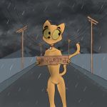  1:1 andromorph anthro baltothy cloud collar domestic_cat eyebrows eyelashes felid feline felis female fur hi_res holding_object holding_sign intersex mammal mountain nude power_lines raining road shaking sign sky solo spanish_text standing text translated yellow_body yellow_eyes yellow_fur 