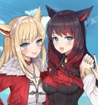  2girls animal_ears black_hair blonde_hair blue_eyes blush breasts choker cleavage closed_mouth commission corset detached_sleeves eyebrows_visible_through_hair facial_mark final_fantasy final_fantasy_xiv fur-trimmed_jacket fur_trim hairband hand_on_another&#039;s_shoulder heart heart_choker jacket jewelry jirafuru large_breasts long_hair looking_at_viewer medium_hair miqo&#039;te multicolored_hair multiple_girls necklace open_mouth red_hair red_jacket smile tongue tongue_out two-tone_hair 