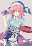  1girl :o alcohol animal_print blue_shirt bottle breasts cup dress fish_print green_eyes hair_between_eyes hat highres looking_at_viewer obi okunoda_miyoi open_mouth pink_hair purple_skirt sakazuki sake sake_bottle sash shirt short_hair short_sleeves simple_background skirt solo talisman touhou uranaishi_(miraura) whale_hat whale_print 