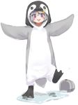  1girl :&gt; absurdres animal_costume bird_costume blonde_hair blush_stickers bodysuit bucket bucket_of_water cosplay empress_(last_origin) eyebrows_visible_through_hair flat_chest greentree grey_hair hair_between_eyes highres kigurumi last_origin looking_at_viewer multicolored_hair penguin_costume purple_eyes simple_background smile solo spill streaked_hair triangle_mouth water white_background younger 