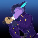  1:1 anthro black_sclera breasts clothing diamond_(turbo_mcgogo) duo eyes_closed female foxenawolf fur gradient_background hair isla_aukate kissing male purple_body purple_fur purple_hair simple_background turbo_(character) uniform 