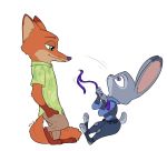  2018 anthro bottomwear brown_body brown_fur canid canine clothed clothing disney duo fox fully_clothed fur green_eyes grey_body grey_fur hi_res judy_hopps lagomorph leporid mammal necktie_grab nick_wilde pants purple_eyes rabbit red_fox shirt simple_background smile standing tggeko topwear white_background zootopia 