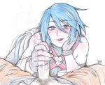  1boy 1girl aqua_(kingdom_hearts) blue_hair blush fellatio handjob heart highres kingdom_hearts oral penis tabletorgy 