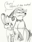  annoyed annoyed_expression anthro belly canid canine clothing dialogue disney duo ears_down ears_up english_text female fox hands_on_belly judy_hopps lagomorph leporid male male/female male_pregnancy mammal nick_wilde pivoted_ears pregnant rabbit text unknown_artist worried worried_look zootopia 