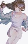  1girl aspara bandages brown_eyes brown_hair eyebrows_visible_through_hair highres long_hair looking_up original shirt tank_top untying white_shirt wristband 