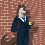  1:1 anthro black_nose brick_wall brown_body brown_fur clock clothed clothing foxenawolf fur lutrine male mammal mustelid necktie pocketwatch solo watch 