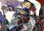  2boys armor arthur_pendragon_(fate) black_cape blonde_hair blue_cape blue_eyes cape epaulettes excalibur_(fate/prototype) fate/prototype fate/prototype:_fragments_of_blue_and_silver fate_(series) gloves holding holding_sword holding_weapon latin_commentary looking_at_viewer lucius_tiberius_(fate) male_focus messy_hair multiple_boys popped_collar profile purple_eyes pvc_parfait red_hair smile sword twitter_username upper_body weapon 