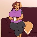  absurd_res anthro big_breasts breasts canid canine canis clothed clothing cup domestic_dog ear_piercing ear_ring faizenek female furniture hair hi_res huge_breasts mammal piercing rhoda_(faizenek) slightly_chubby smile sofa solo 