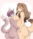  2019 5_fingers anthro big_breasts blush breast_size_difference breasts brown_hair butt canid canine canis chest_tuft domestic_dog duo featureless_breasts felid feline female fingers green_eyes hair hand_holding hi_res kemono long_hair looking_at_viewer looking_back mammal medium_breasts nobox05 nude open_mouth open_smile purple_hair simple_background smile snout standing tongue tuft white_background 