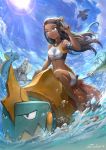  aqua_eyes aqua_hair barefoot bird black_hair blonde_hair character_request cloud dark_skin deviantart_sample drednaw earrings edy_setiawan_wijaya gen_1_pokemon gen_3_pokemon gen_8_pokemon highres hoop_earrings image_sample jewelry lapras lillie_(pokemon) long_hair milotic multicolored_hair necklace palm_tree pokemon pokemon_(game) pokemon_swsh riding rurina_(pokemon) signature sky sun sunlight tree water 