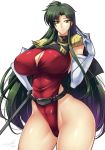 1girl absurdres artist_name breasts cima_garahau cleavage cleavage_cutout curvy eyebrows_visible_through_hair gloves green_hair grey_eyes gundam gundam_0083 haganef highres large_breasts long_hair looking_to_the_side solo spread_lips thick_thighs thighs very_long_hair white_gloves zeon 