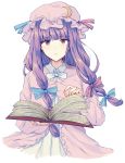  1girl blue_bow blue_ribbon blush book bow bowtie crescent crescent_hair_ornament dress eyebrows_visible_through_hair frilled_sleeves frills hair_bow hair_ornament hair_ribbon hat highres holding holding_book long_hair looking_at_viewer mob_cap open_book patchouli_knowledge purple_dress purple_eyes purple_hair red_bow red_ribbon ribbon simple_background solo tied_hair touhou tress_ribbon upper_body uranaishi_(miraura) white_background 