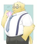  2020 anthro belly bottomwear canid canine canis clothing domestic_dog eyewear glasses inunoshippo japanese_text kemono male mammal necktie overweight overweight_male pants shirt simple_background solo text topwear 