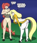  anna_(sailoranna) anthro big_breasts blonde_hair blue_eyes breasts brown_nipples clothed clothing dialogue duo english_text equid equine female genitals hair hi_res horse mammal navel nipples nude open_mouth pussy red_hair sailoranna sara_(sailoranna) sweater text topwear virgin_killer_sweater 