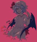  1girl bat bat_wings blue_hair collared_shirt frilled_shirt_collar frills hat highres mob_cap one_eye_closed open_mouth pink_background red_eyes remilia_scarlet shirt short_hair short_sleeves simple_background solo touhou uranaishi_(miraura) waist_bow wings wrist_cuffs 