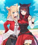  2girls animal_ears black_hair black_pants blonde_hair blue_eyes blush breasts choker cleavage closed_mouth commission corset cropped_jacket detached_sleeves eyebrows_visible_through_hair facial_mark final_fantasy final_fantasy_xiv fur-trimmed_jacket fur_trim hairband hand_on_another&#039;s_shoulder heart heart_choker jacket jewelry jirafuru large_breasts long_hair looking_at_viewer medium_hair miqo&#039;te multicolored_hair multiple_girls necklace open_mouth pants red_hair red_jacket ring sidelocks smile tail tongue tongue_out two-tone_hair 