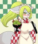  2019 4_fingers anthro apron big_breasts blush breasts canid canine clothed clothing eyewear female fingers fox full_bokko_heroes_x fullbokko_heroes fully_clothed fur glasses green_eyes green_hair grey_body grey_fur hair hi_res huge_breasts kemono looking_at_viewer mammal nobox05 oota_suketomo_(fullbokko_heroes) open_mouth simple_background solo 