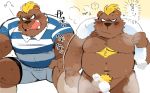  2020 anthro balls barely_visible_balls barely_visible_genitalia belly blush bottomwear brown_body brown_fur clothing fur genitals hyaku_(artist) japanese_text kemono male mammal moobs navel overweight overweight_male shirt shorts solo text topwear ursid 