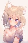  1girl ana_(rznuscrf) animal_ear_fluff animal_ears breasts cat_ears commentary light_brown_hair medium_breasts off-shoulder_shirt off_shoulder original purple_eyes shirt short_hair short_sleeves upper_body 