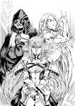  1girl asymmetrical_wings belt black_panties breasts choker cleavage cosplay dizzy_(guilty_gear) guilty_gear guilty_gear_xrd hair_ribbon highres jojo_no_kimyou_na_bouken killer_queen kira_yoshikage kira_yoshikage_(cosplay) kuwahara_yuyu large_breasts manly monochrome monster_girl necro_(guilty_gear) panties parody pose ribbon serious solo sound_effects thick_lips thigh_strap thighs twintails underwear undine_(guilty_gear) wings 
