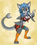  3_toes 4_fingers anthro bad_guy_cafe blue_hair breasts cleavage clothed clothing dancing female fingers fish grey_body grey_skin hair hi_res marine mera_(dagonn) non-mammal_breasts shark solo toes yellow_eyes ziegelzeig 