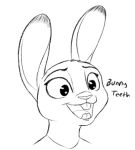  2019 ambiguous_gender anthro black_and_white buckteeth disney english_text fur judy_hopps lagomorph leporid low_res mammal monochrome open_mouth open_smile rabbit simple_background smile solo teeth text tggeko white_background zootopia 
