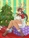  2019 5_fingers anthro big_breasts boots breasts brown_body brown_fur candy candy_cane capreoline cervid christmas christmas_tree clothed clothing female fingers food footwear fully_clothed fur gift holidays kemono mammal nobox05 open_mouth open_smile reindeer smile solo tree 