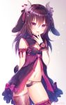  1girl :d absurdres animal_ears argyle argyle_legwear arm_behind_back arm_strap bangs black_panties blush breasts brown_hair bunny_ears cleavage cowboy_shot demon_girl eyebrows_visible_through_hair hair_between_eyes hair_intakes highres horns itsuki_jun lingerie long_hair looking_at_viewer navel open_mouth original panties pink_eyes pink_legwear shiny shiny_hair small_breasts smile solo standing thigh_strap thighhighs twitter_username underwear white_background 